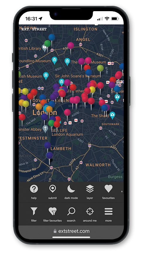 ExtStreet.com in use on smartphone - dark mode and map layout